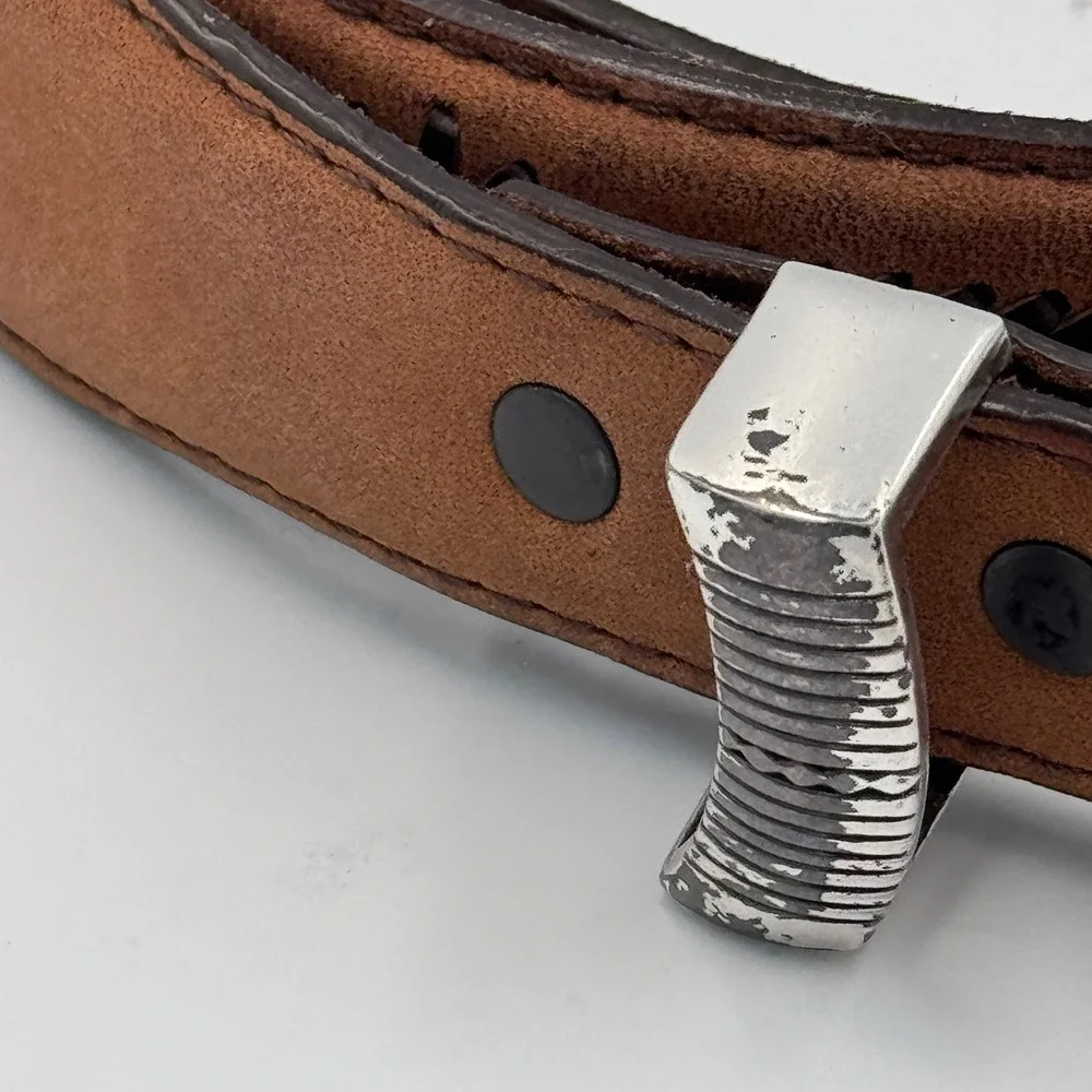 Brighton‎ Western Brown Leather Belt Engraved Buckle Metal Tip Cowboy Style